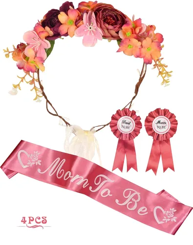 MEANT2TOBE Tiara de flores rosas naranjas, juego de banda y pin para papá, regalo de maternidad para mamá y él, decoración de baby shower