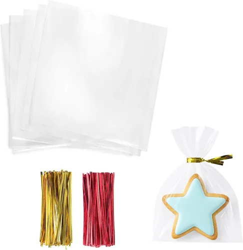 Miniatura 24 de Morepack Bolsas de celofán, 6 x 12 pulgadas, 200 bolsas de celofán con lazos para amarrarlas, de plástico, para poner postres, pastelería, dulces