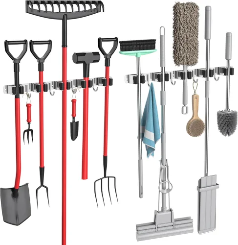 Paquete de 2 soportes para escobas de montaje en pared, para fregona y escoba, organizador de herramientas de almacenamiento de acero inoxidable