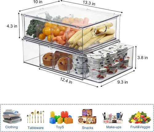 Miniatura 2 de Cajones extraíbles apilables para nevera, organizadores apilables transparentes para refrigerador, organizador de almacenamiento para nevera