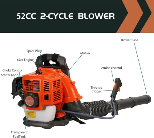 Miniatura 4 de Soplador de hojas de mochila, 52CC 550 CFM 2 tiempos motor soplador de hojas de gas, soplador de polvo de alta resistencia para exteriores de Naranja