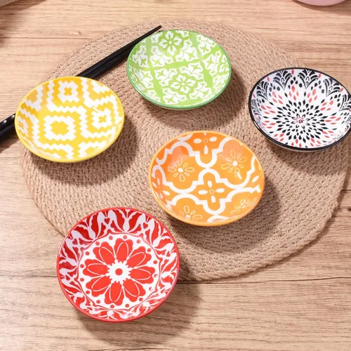 Miniatura 4 de Juego de 5 platos de cerámica para salsas, cuencos pequeños bohemios, coloridos platos geométricos y florales para salsa de soja, aptos