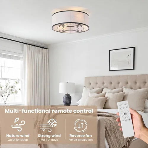 Miniatura 2 de 20 Inch Boho Ceiling Fan with Light, Low Profile Flush Mount Caged Ceiling Fan, Bladeless Black Drum Chandelier with Remote, 6 Speed Reversible DC
