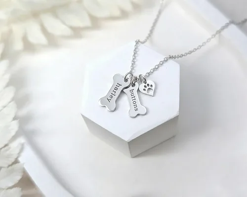 Miniatura 3 de Collar Conmemorativo Personalizado de Hueso de Perro con Dije de Huella de Pata de Plata Esterlina 925 - Collar Conmemorativo con Nombres