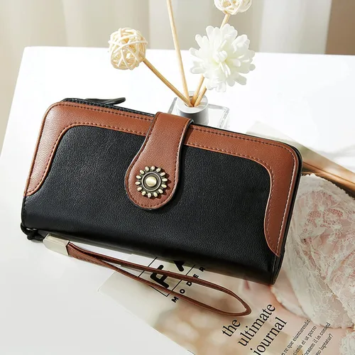 Miniatura 2 de Telena Billeteras de cuero para mujer con diseño de cartera de triple, para tarjetas de crédito, 4-Negro con Marrón, Vintage