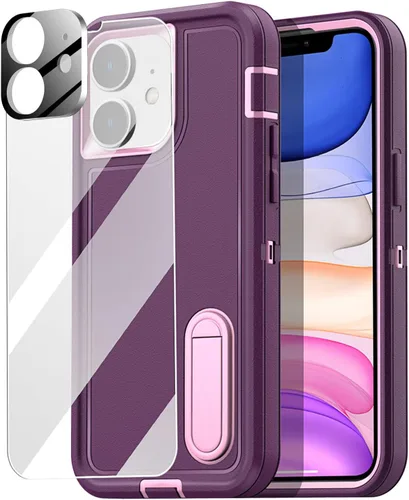 AICase Funda para iPhone 11 con soporte integrado con protector de pantalla de vidrio + lente de cámara, resistente protección contra caídas, cuerpo