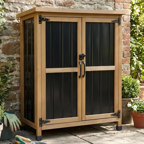 Miniatura 9 de Pequeño armario de almacenamiento para exteriores con estante, cobertizo de almacenamiento de madera blanca y plástico con techo impermeable
