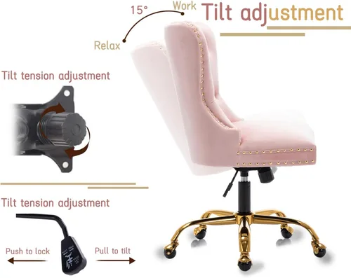 Miniatura 5 de Silla de escritorio de terciopelo para oficina en casa con ruedas y base dorada, cómoda silla de maquillaje copetuda para mujeres y niñas, silla