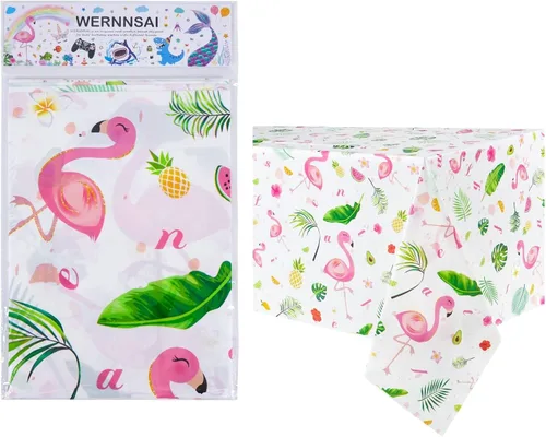 Miniatura 6 de WERNNSAI - Mantel de flamenco – 1 paquete de 108 x 54 pulgadas, mantel tropical Luau Decoraciones de fiesta de flamenco hawaiano rosa, mantel