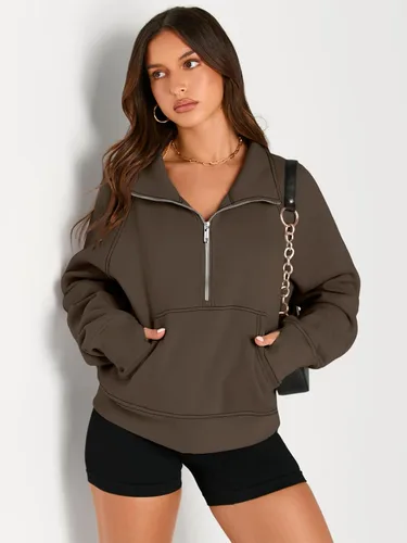 Miniatura 3 de AUTOMET Sudaderas con media cremallera para mujer, sudadera corta de vellón con cremallera de un cuarto, sudaderas con capucha para el otoño, a
