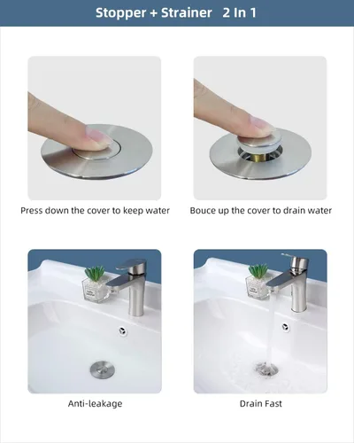 Miniatura 7 de Hibbent Paquete de 2 tapones universales de metal para lavabo de 1.1 a 2.3 pulgadas, colador de drenaje de fregadero emergente, tapón tipo empuje