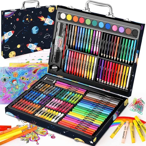 Soucolor - Pack de 183 artículos para la escuela: 48 lápices de cera, 24 pasteles al óleo, 24 lápices de dibujo, marcadores de arte, pasteles de