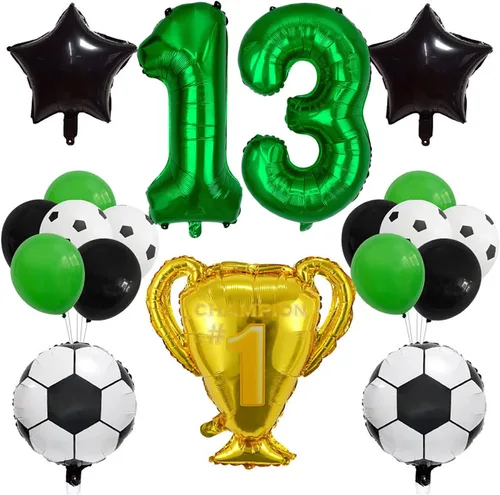 Juego de globos de la Copa de Campeón de Fútbol, decoración de cumpleaños número 13, 19 globos verdes, negros y blancos, globos de fiesta de