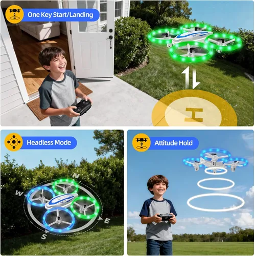 Miniatura 6 de Mini dron para niños y principiantes, dron cuadricóptero RC con luz colorida, inicio con un botón, retención de altitud, modo sin cabeza, volteos