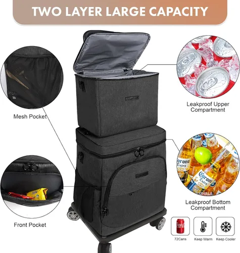 Miniatura 5 de Hielera suave con ruedas – Doble capa con bolsa de almuerzo plegable enfriador, grandes bolsas de hielo portátiles extraíbles a prueba de fugas