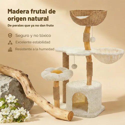 Miniatura 4 de PETEPELA Árbol Rascador Torre Moderno para Gatos Grandes con Percha de Flores, Postes Rascadores de Madera Maciza Natural, Árbol para Gatos Bohemio