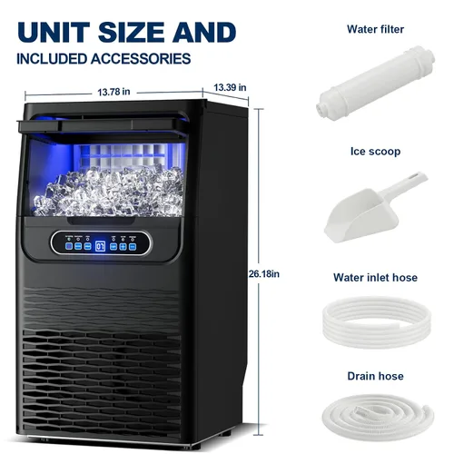 Miniatura 5 de Máquina de hielo comercial de 110 libras/día independiente de acero inoxidable sobre mostrador con cuchara, tubos de filtro de agua