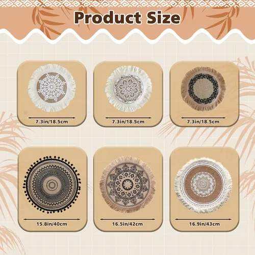 Miniatura 2 de LELE LIFE Juego de 6 decoraciones de pared de yute bohemio, macramé redondo y plano para colgar en la pared, arte de pared de mandala