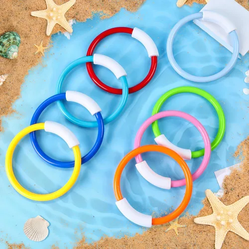 Miniatura 3 de Vellibring 8 piezas de juguetes de natación de buceo en la piscina, coloridos juguetes de entrenamiento subacuático hundimiento lanzando anillos