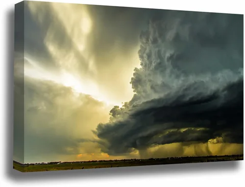 Storm Canvas Wall Art (Ready to Hang) Gallery Wrap of Supercell Thunderstorm in Evening Sunlight in Oklahoma Extreme Weather Photography Nature