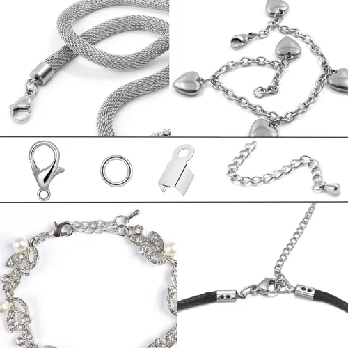 Miniatura 2 de Juego de 580 piezas de accesorios para fabricación de joyas, incluye 250 conectores de anillo de salto abiertos, 250 tapas de extremo de cable Plata