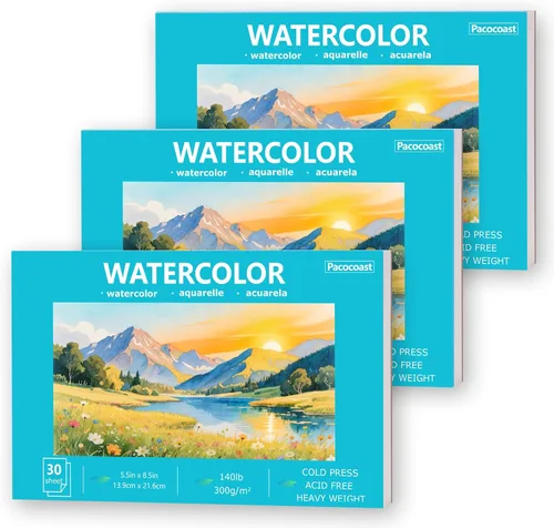 Miniatura 11 de Pacocoast Bloc de papel de acuarela, 9 x 12 pulgadas (300 gsm/140 libras) de prensa en frío, cuaderno de bocetos de color de agua, 20 hojas.