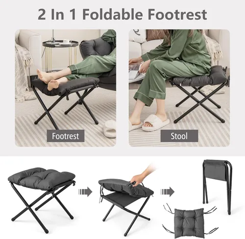 Miniatura 6 de Giantex Silla perezosa con otomana, sofá decorativo con reposapiés plegable, bolsillo de almacenamiento lateral, sillón tapizado de ocio con Gris