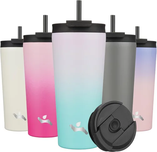 Miniatura 40 de Konokyo Vaso aislado de 18 onzas con tapa y 2 pajillas, botella de agua de acero inoxidable, taza de viaje al vacío, taza de café, color blanco ángel