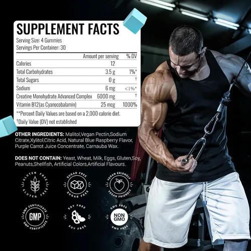 Miniatura 2 de Gomitas de monohidrato de creatina, 0.23 onzas, 120 unidades de constructor muscular para hombres y mujeres, suplemento de preentrenamiento