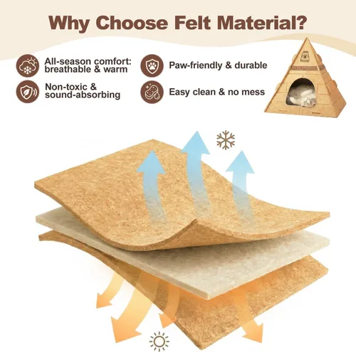 Miniatura 7 de Cueva para gatos, diseño piramidal de fieltro para gatos de interior Scratch-Resistant & Foldable Cat House, Calming Sleeping Hideaway, Pharaoh