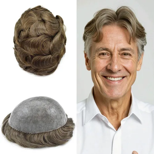 Miniatura 51 de Extensiones de pelo tipo tupé para hombre, sistema de reemplazo de cabello humano virgen 100% europeo, piel fina y duradera, inyección