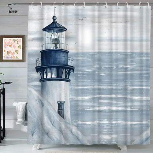 Cortina de ducha con diseño de faro, decoración de baño, 72 x 72 pulgadas, diseño náutico de paisaje marino, tela de poliéster, con ganchos CRT355