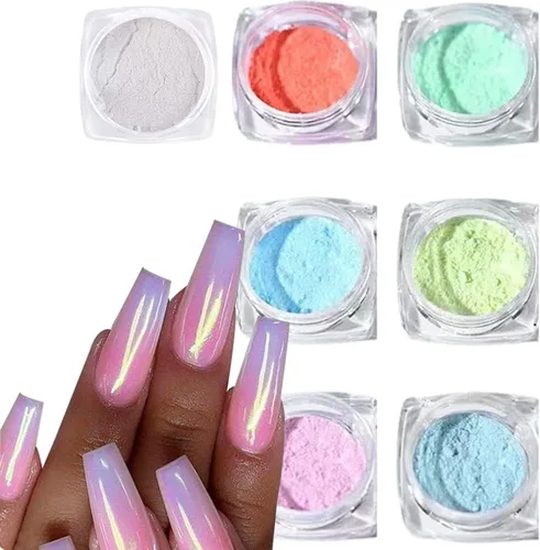 Polvo cromado de sirena blanca con purpurina para uñas, 7 colores iridiscentes Aurora cromados, polvo de neón, pigmento de espejo holográfico, arco