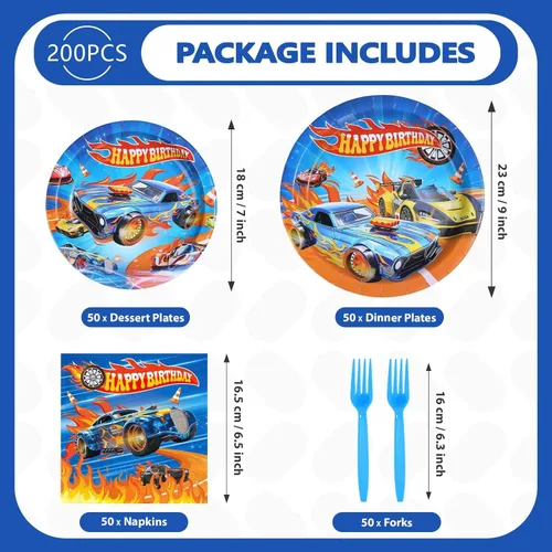 Miniatura 2 de 200 piezas de decoración de cumpleaños de autos de carreras para niños, platos y servilletas de fiesta de autos calientes, juegos de vajilla