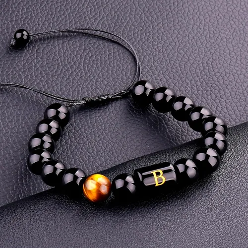 Miniatura 10 de SUMMER LOVE Regalos para el Día del Padre, pulsera con inicial de piedra de ónix negro de 0.394 pulgadas para hombres, pulsera de cuerda trenzada