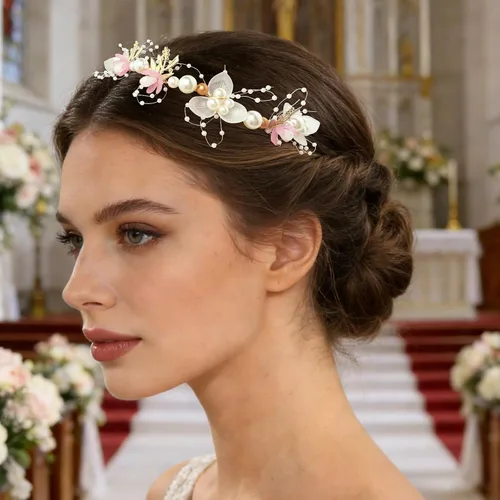 Miniatura 3 de Tocado de flores de perlas de boda con ramillete de muñeca a juego para mujer, accesorios para fiesta de cumpleaños (estilo rosa)