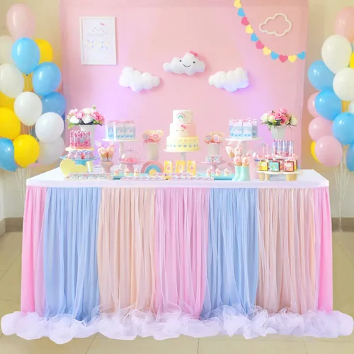 Miniatura 10 de Falda de mesa de tul con volantes,tutú de mesa LED, rosa, blanco, azul o gris. Falda para mesas rectangulares, para baby shower, boda o decoración