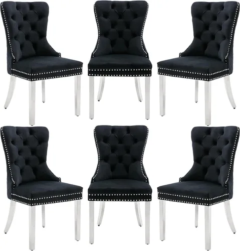 Miniatura 19 de Civama Juego de 2 sillas de comedor, elegantes sillas de comedor de terciopelo capitonado de lujo con patas doradas y adornos de clavos, tirador