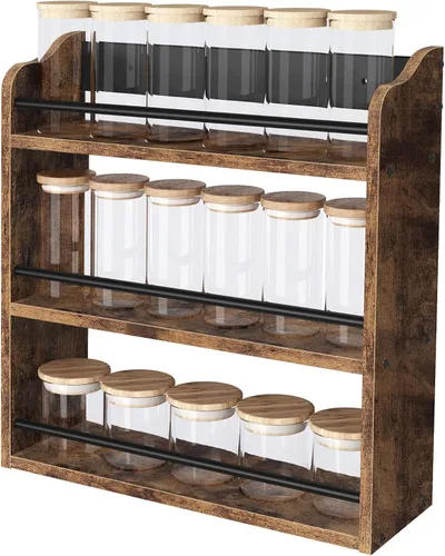 Miniatura 6 de Estante de especias montado en la pared, estante de especias de madera de 3 niveles para encimera, organizador vertical de especias para tarros