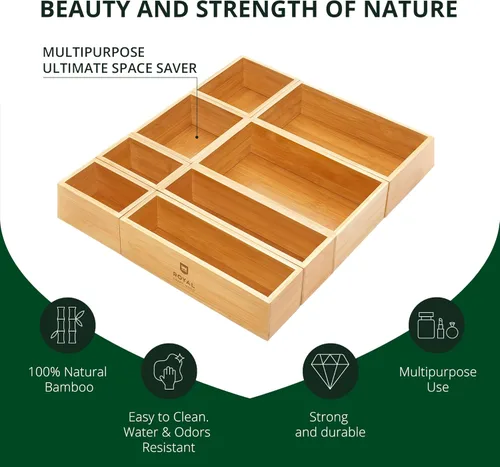 Miniatura 3 de ROYAL CRAFT WOOD Caja organizadora de cajones de bambú de lujo, juego de papeleras, organizador de cajones multiusos para cocina, baño, escritorio