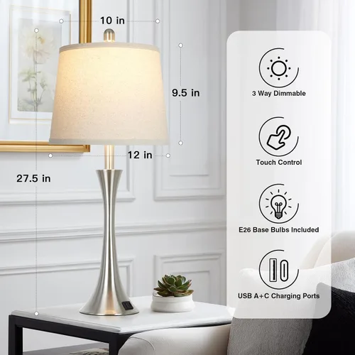 Miniatura 3 de Rinweey Lámparas de mesa plateadas de 27.5 pulgadas, lámparas táctiles de noche con puertos USB C+A, lámparas regulables de 3 vías para dormitorio
