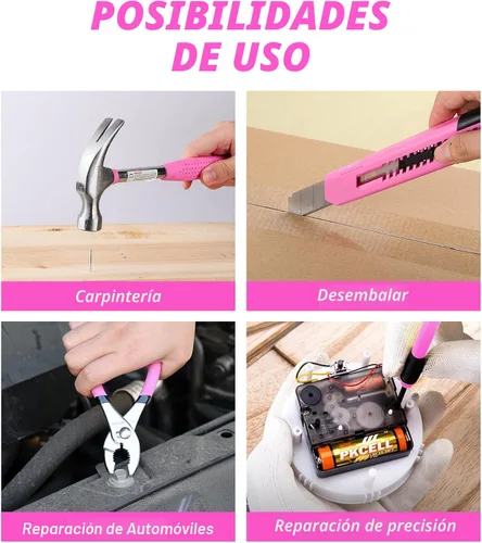 Miniatura 6 de Juego de herramientas rosa-40 piezas - Kit de herramientas manuales para el hogar general con caja de herramientas de plástico (rosa)