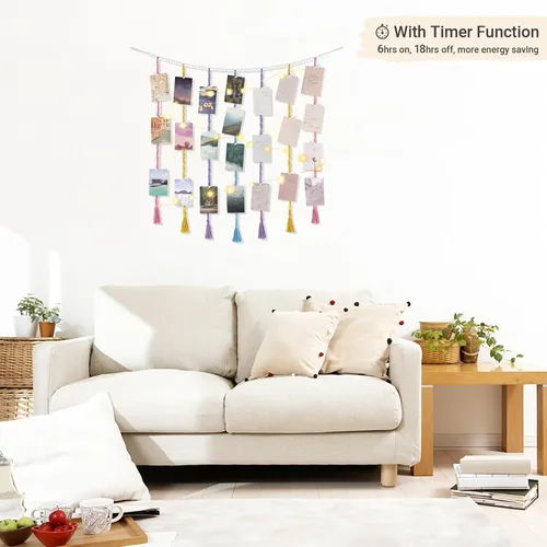 Miniatura 3 de Mkono Exhibidor Colgante de Fotos de Macramé Decoración de Pared con Luces de Cadena, Guirnalda de Cuentas de Madera Boho Portamarcos de Tarjetas