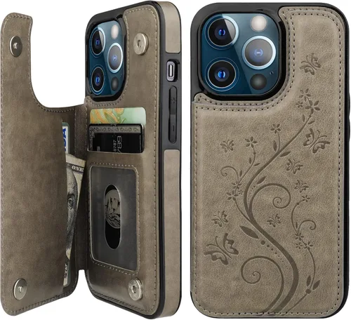 Miniatura 9 de Vaburs Funda compatible con iPhone 13 Pro con tarjetero y diseño de mariposa en relieve, de piel sintética, doble botón, a prueba de golpes