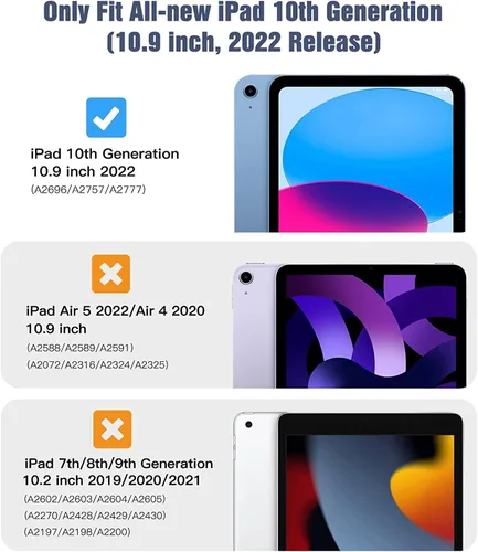 Miniatura 9 de Funda para iPad de 10.9 pulgadas 2022, duradera, ligera, a prueba de golpes, con soporte para lápices, soporte giratorio de 360º, correa
