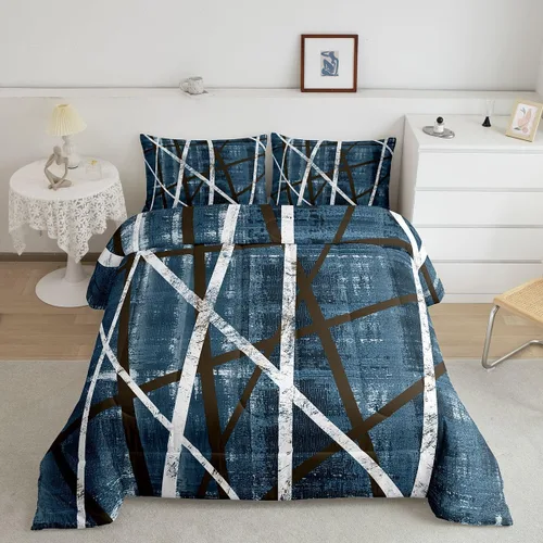 Miniatura 6 de Erosebridal Edredón azul marino tamaño individual, juego de ropa de cama a rayas de acuarela para adultos, relleno interior de edredón geométrico