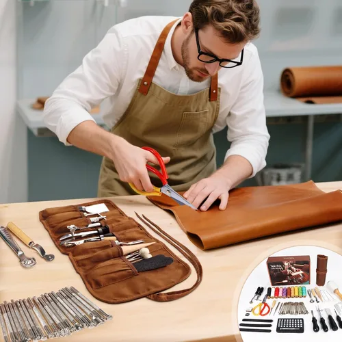 Miniatura 5 de Herramientas de trabajo de cuero Kit de manualidades para tallar, estampado, costura, punzonado, corte con bolsa de almacenamiento, kit profesional