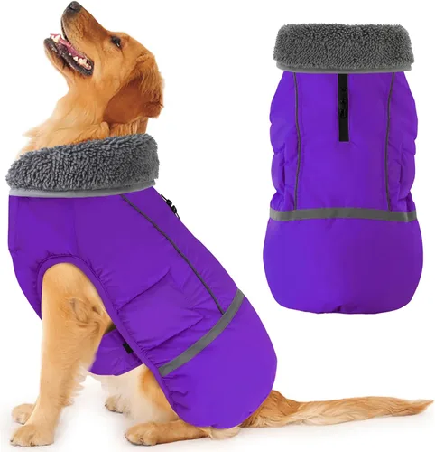 Miniatura 8 de Dogcheer Abrigo cálido para perro, ropa de invierno con cuello polar, chaqueta reflectante para mascotas, ropa para clima frío, chaleco impermeable