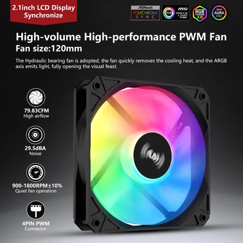 Miniatura 3 de SAMA SM360 Negro Enfriador de Líquido Ajustable con Pantalla LCD, Ventilador Silencioso ARGB PWM Dirigido de 3 x 120 mm, Radiador AIO de 360 mm