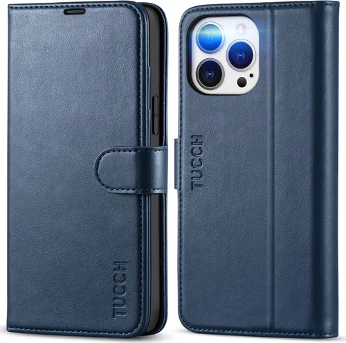Miniatura 13 de TUCCH Funda tipo cartera para iPhone 13 Pro Max, con bloqueo RFID, ranura para tarjetas y soporte [funda interior de TPU a prueba de impactos], Azul
